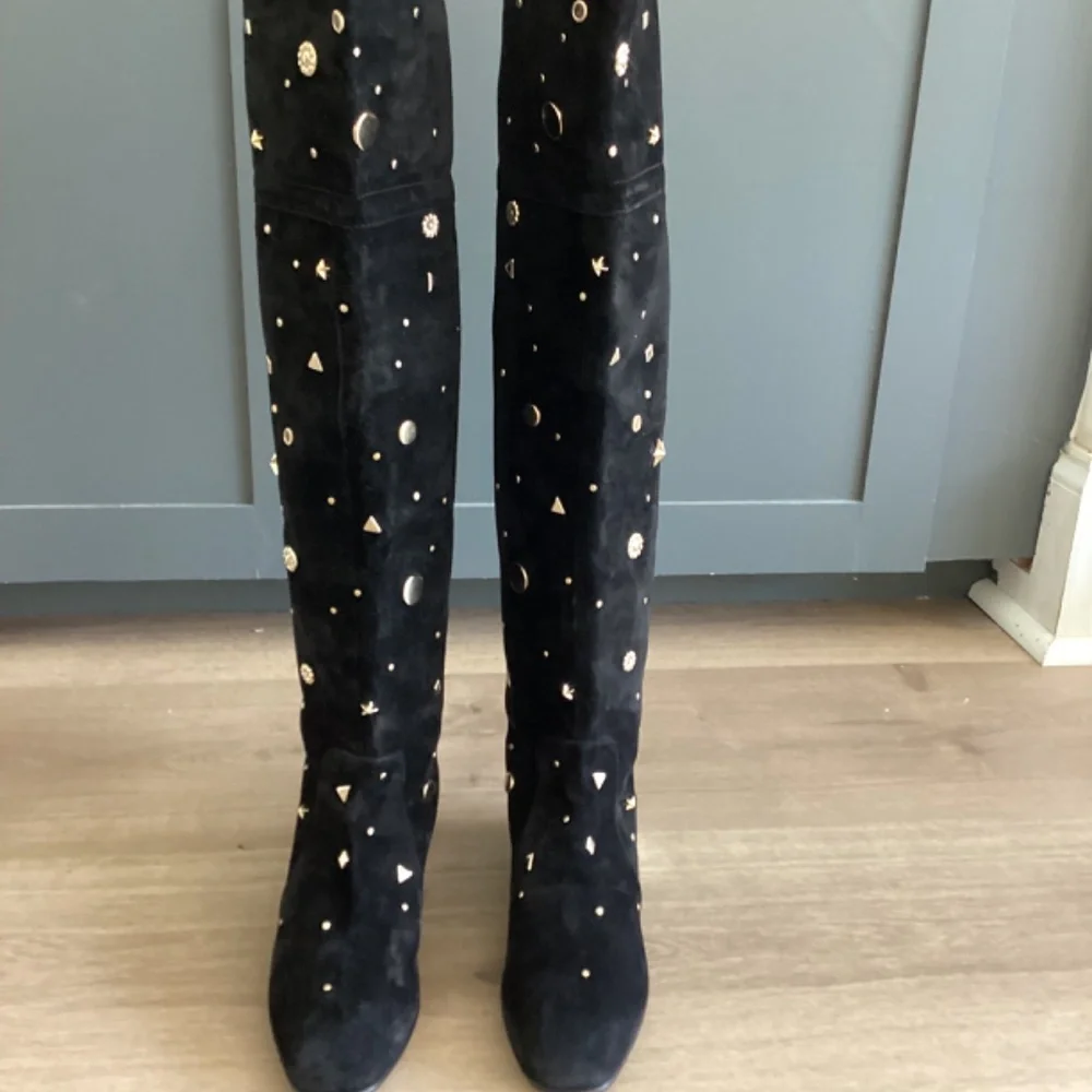 REDUCED ROGER VIVIER Embellished Studded Accent Black Suede OTK Boots Size 37 7